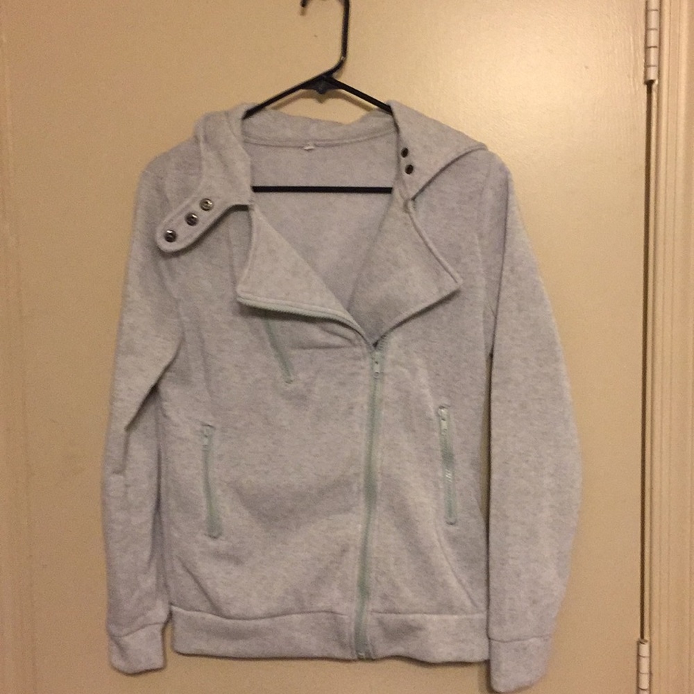 Gray sweatshirt-like material zip jacket with hood